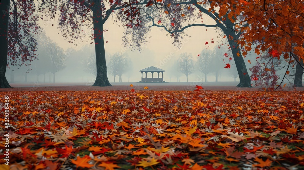 Poster a subdued autumn park landscape with a carpet of leaves, and a distant pavilion barely visible throu