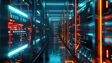 Futuristic data center, computer servers in dark room with blue led light, inside modern datacenter with supercomputer. Concept of storage, cloud, network, ai technology