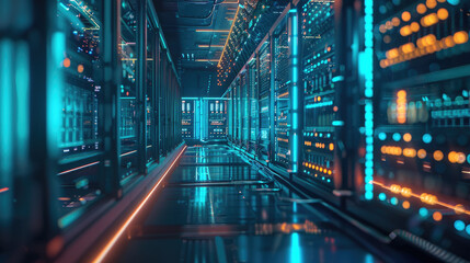 Futuristic data center, modern computer servers in dark room with led blue light, inside big datacenter with supercomputer. Concept of storage, cloud, network, ai technology