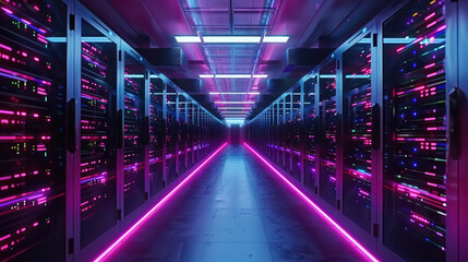 Futuristic data center, computer servers in dark room with neon light, inside modern datacenter with supercomputer. Concept of storage, cloud, network, future, technology, big