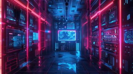 Futuristic data center, computer servers in dark room with neon light, inside modern datacenter with supercomputer. Concept of storage, cloud, network, future, ai technology