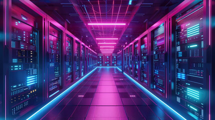 Futuristic data center, modern computer servers in dark room with neon light, inside big datacenter with supercomputer. Concept of storage, cloud, network, future, ai