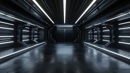 Dark corridor in futuristic spaceship, spacecraft black metal interior with low light like in scifi movie. Concept of background, garage, future, space, industrial room