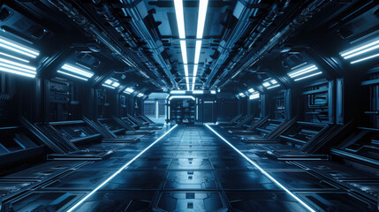 Dark corridor in futuristic spaceship, spacecraft metal interior with low light like in scifi movie. Concept of background, garage, future, space, room, technology