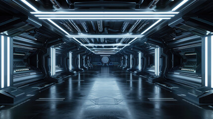 Dark futuristic corridor in spaceship, spacecraft metal interior with low light like in scifi movie. Concept of background, tunnel, future, space, room, technology