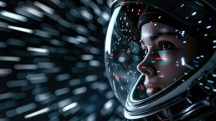 Female astronaut in spacesuit on moving stars background, young woman in futuristic helmet during hyperjump. Concept of space travel, girl portrait, people, future