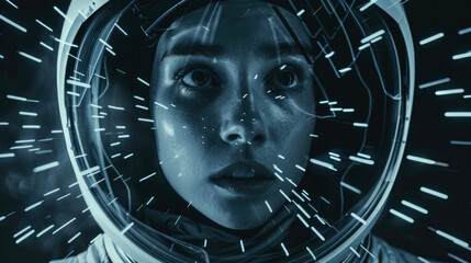 Female astronaut in spacesuit on moving stars background, young woman in futuristic helmet during hyperjump. Concept of space, girl portrait, people, future, sci-fi