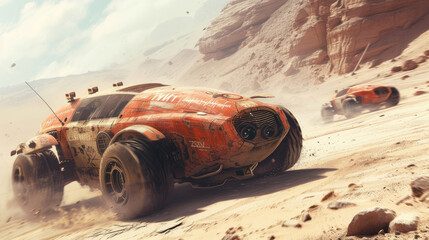 Vintage car race on space planet like Mars, futuristic old rovers drive on desert, scene with retro sports vehicles. Concept of fantasy, dystopia, steampunk and future