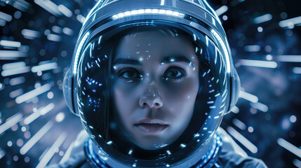 Female astronaut in spacesuit on moving stars background, young woman face in futuristic helmet during hyperjump. Concept of space travel, girl portrait, future, sci-fi.