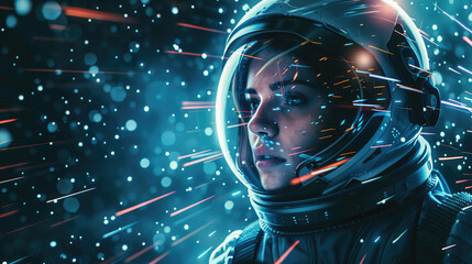 Female astronaut in spacesuit on moving stars background, girl face in futuristic helmet during hyperjump. Concept of space travel, young woman portrait, people, future