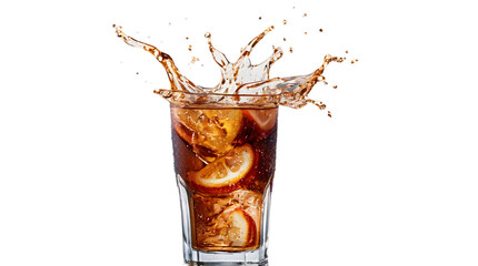 Glass of cola with splashes, isolated on transparent background, png, cutout