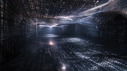 Futuristic digital room background, empty dark space with wireframe lines, perspective view. Concept of future, grid, wire frame, technology, virtual reality, science