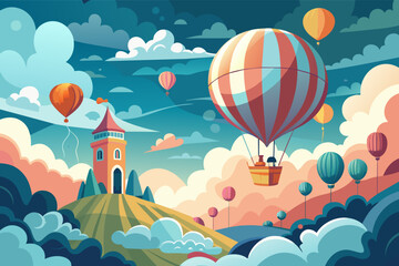 a colorful poster with a castle and balloons, An eye-catching poster featuring a castle adorned with vibrant balloons.