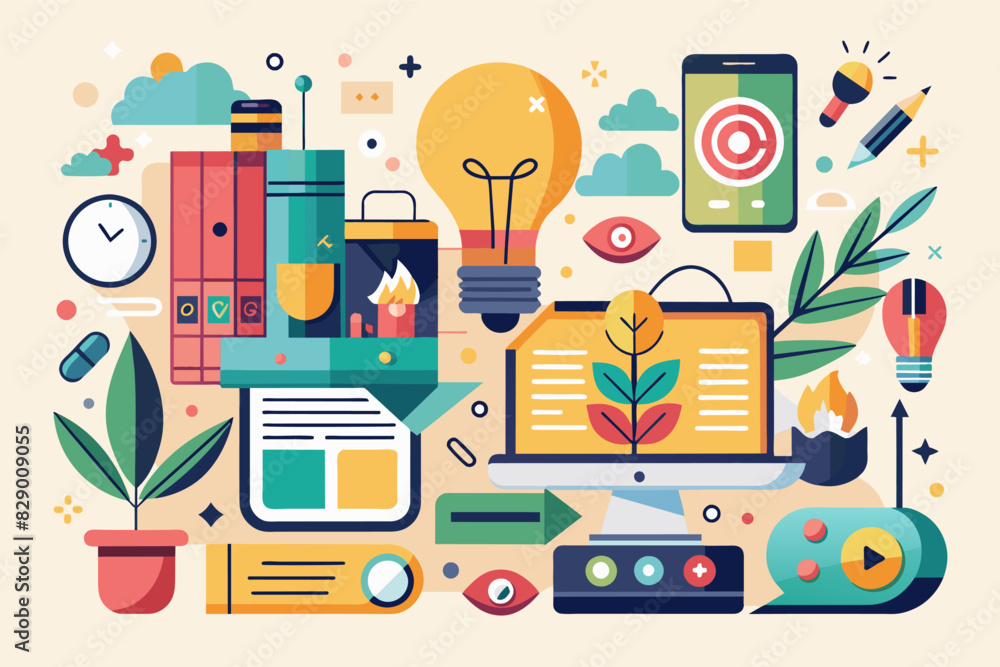 Leinwandbilder a flat design with a lot of different things, a design characterized by a flat layout and incorporat