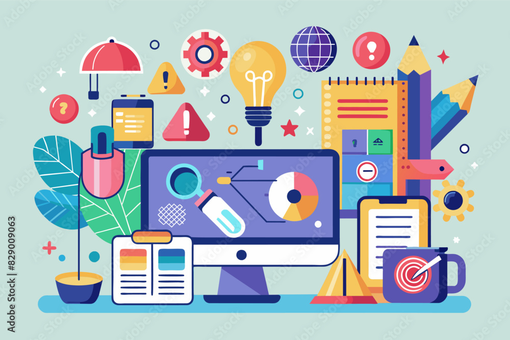 Fototapete a flat design with a lot of different things, a design characterized by a flat layout and incorporat