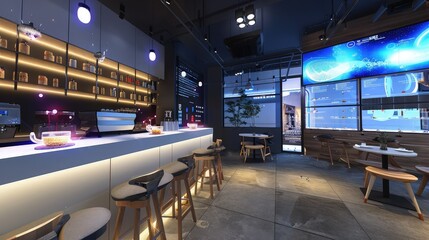 A tech-savvy cafe offers customers the opportunity to relax and explore virtual worlds using VR headsets and interactive displays while enjoying their coffee.