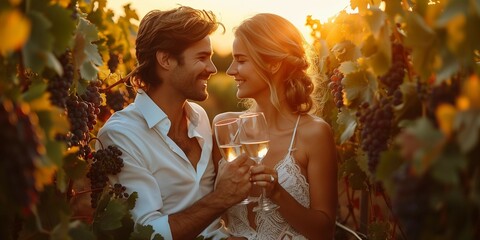 Sunset Toast: Engaged Couple in Vineyard, generative ai - Powered by Adobe