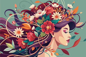 a woman with flowers in her hair, A lady adorned with blossoms in her hair.