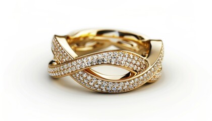 Naklejka premium Golden ring with diamonds on white background. Jewelry luxurious accessory