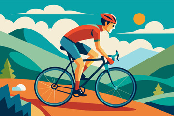 a man riding a bike on a mountain road, A cyclist traveling along a mountainous roadway.