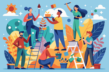 people are painting trees and other things, Individuals are engaging in the act of painting trees and various other objects.