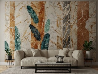 panel wall art, marble background with feather designs , wall decoration	