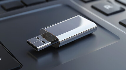 Fototapeta premium Metallic USB drive on a laptop keyboard.
