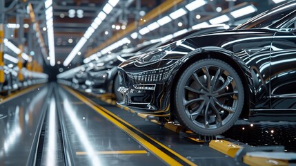 Fototapeta premium Sleek car production line with unfinished vehicles in a modern factory setting 