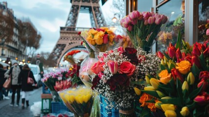 shop window with flowers on the background of the Eiffel Tower. Selective focus