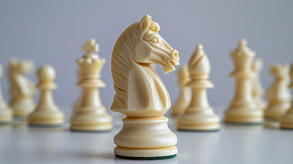White chess pieces with a focus on the knight in the foreground.