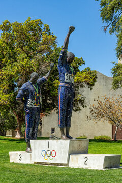 San Jose, California, USA - August 7, 2022: Sculpture of black power salute at Germany 1968 Olympic games, located in San Jose State university, California.