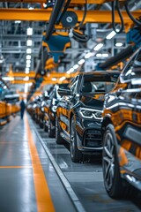 Obraz premium Sleek car production line with unfinished vehicles in a modern factory setting 