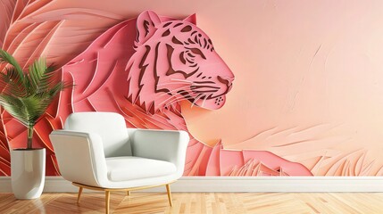 A vibrant living space with a peach pink tiger-shaped wallpaper mural, and a contemporary white chair placed strategically in front, enhancing the rooma??s modern vibe.