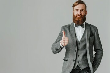 a man in a suit shows a thumbs up. Class. high results. Banner. Space for text. Background. Business. Great.
