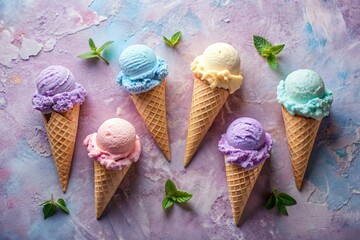 Sweet dessert. Ice cream cones with different flavors. Blue, pink, purple ice cream on a background of three pastel colors: blue, pink and purple.