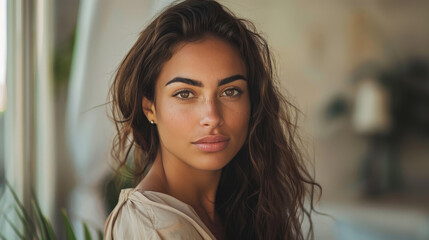 Fototapeta premium Digital influencer woman posing a portrait on social media, with soft and natural makeup