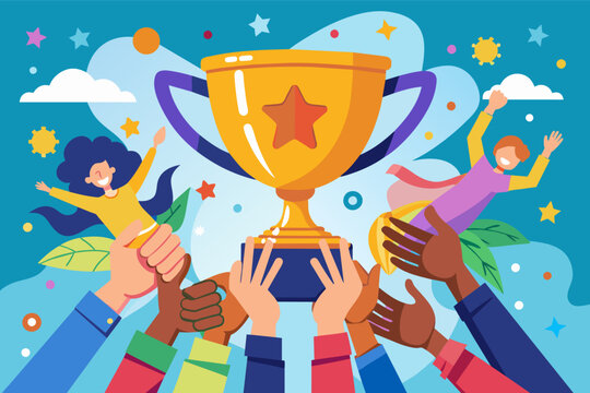 a group of people holding up a trophy, a group of individuals proudly displaying a trophy - Powered by Adobe