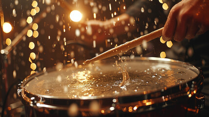 A drummer hitting a wet drum with drumsticks, creating splashes.