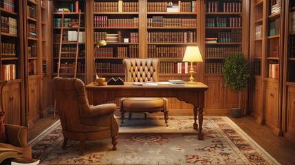 Fototapeta premium Traditional executive wooden library or study room featuring a desk, tufted chair, and tall bookshelves.