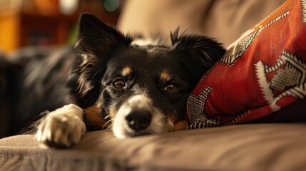 Dog resting on the sofa with her chin on her front legs