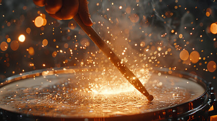 Hand striking a drumstick on a drum with sparks and bokeh effect