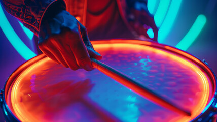 A drummer playing a neon-lit drum in a vibrant setting.
