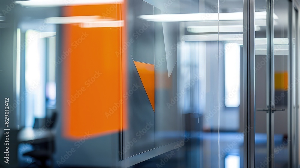 Poster an abstract blurred view inside a modern office, focusing on a wall art piece in gray and orange, wi