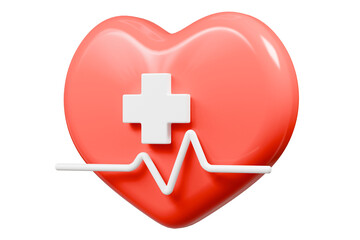 Obraz premium 3d Red heart and heartbeat wave icon isolated on blue background. Emergency, Safety, Hospital doctor equipment medic health care concept. 3d minimal heartbeat pulse sensor icon design. 3d render.
