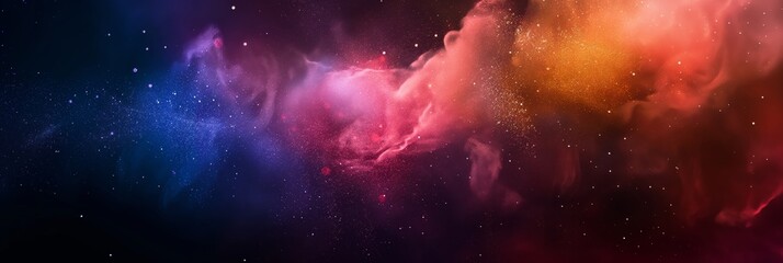 A stunning, colorful depiction of a cosmic nebula with hues of blue, red, and pink blending into a starry backdrop
