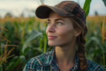 Young Woman in Cap Smiling in Cornfield