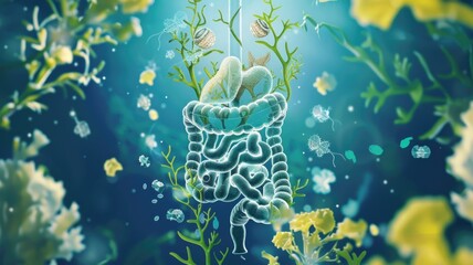 Visual representation of kelp's benefits for digestive health, featuring a highlighted digestive system