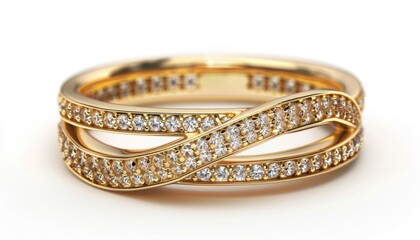 Golden ring with diamonds on white background. Jewelry luxurious accessory