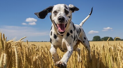 Energetic Dalmatian Running with Owner in Sunlit Field | Dynamic Dog Exercise in Nature | High-Resolution Pet Photography