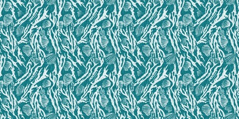 Teal turquoise blue white shell motif with linen seamless batik border background. Modern coastal beach cottage rustic shell block print home decor pattern design in sealife banner beach style. 